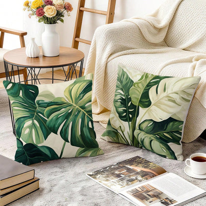4pcs Tropical Green Leaves Summer Cushion Cover Set, Single-Sided Printed