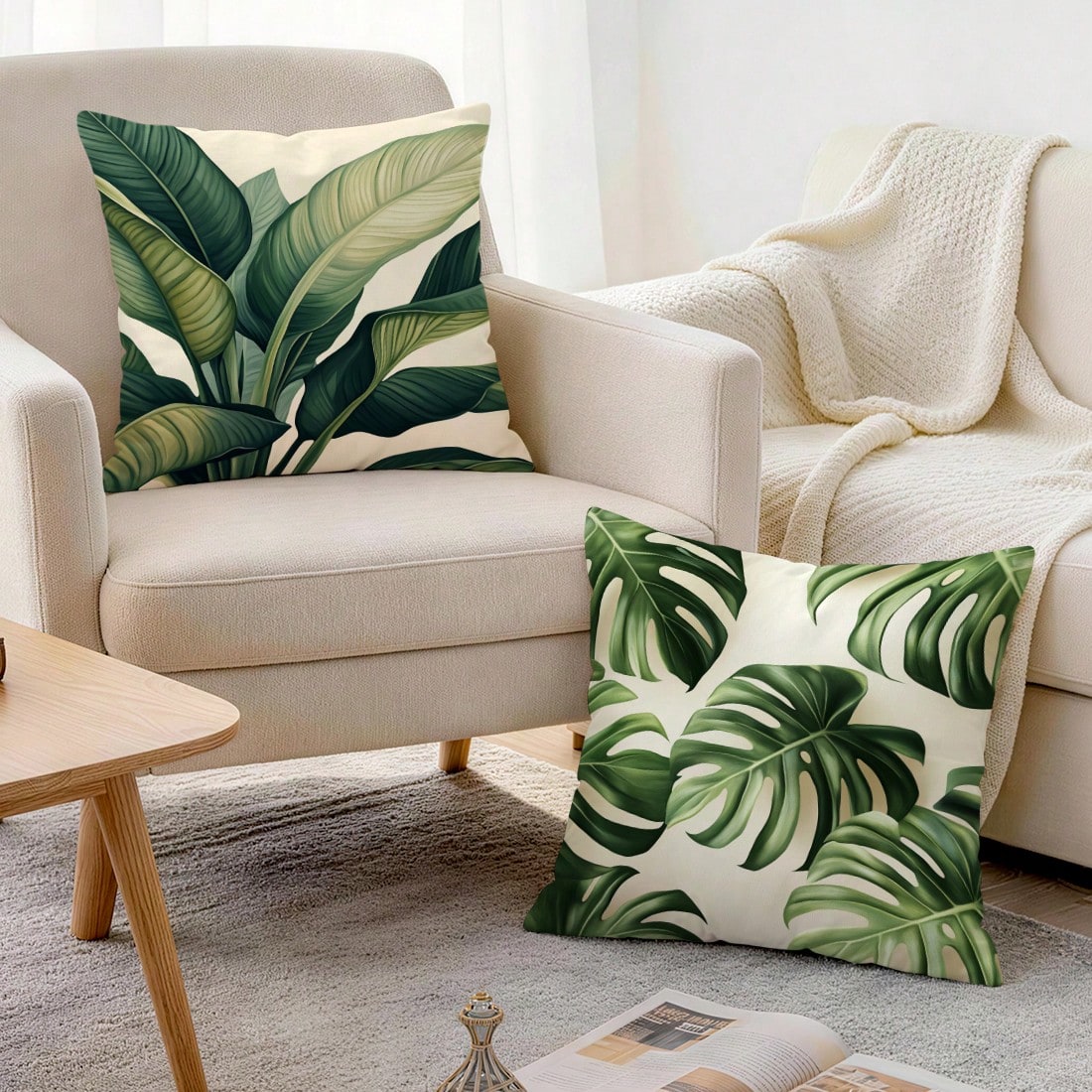 4pcs Tropical Green Leaves Summer Cushion Cover Set, Single-Sided Printed