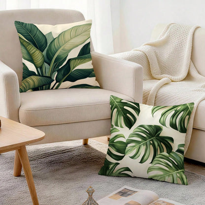 4pcs Tropical Green Leaves Summer Cushion Cover Set, Single-Sided Printed