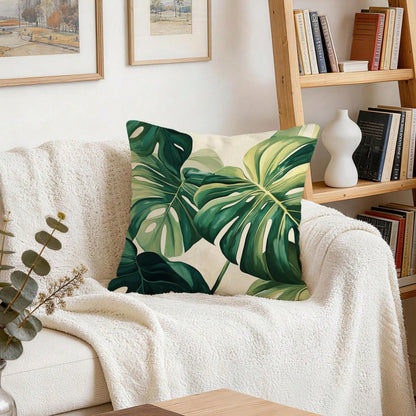 4pcs Tropical Green Leaves Summer Cushion Cover Set, Single-Sided Printed