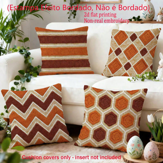 4pcs Vintage Bohemian Geometric Throw Pillow Covers, American Country Brown Orange Rhombus Wave Hexagon Print Pattern, Single-Sided 2D Flat Printing, Non-3D Real Embroidery, 45x45cm (18x18in), Soft Co