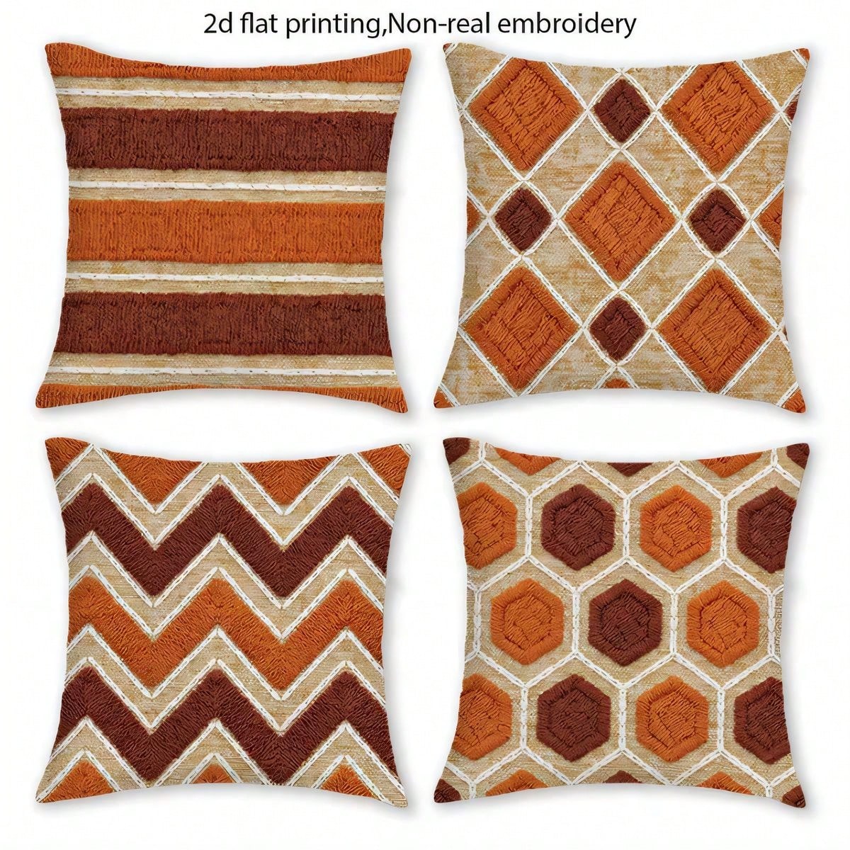 4pcs Vintage Bohemian Geometric Throw Pillow Covers, American Country Brown Orange Rhombus Wave Hexagon Print Pattern, Single-Sided 2D Flat Printing, Non-3D Real Embroidery, 45x45cm (18x18in), Soft Co