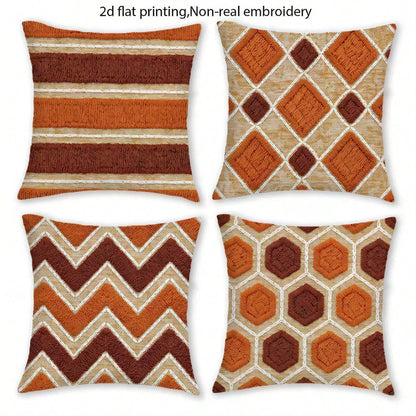 4pcs Vintage Bohemian Geometric Throw Pillow Covers, American Country Brown Orange Rhombus Wave Hexagon Print Pattern, Single-Sided 2D Flat Printing, Non-3D Real Embroidery, 45x45cm (18x18in), Soft Co