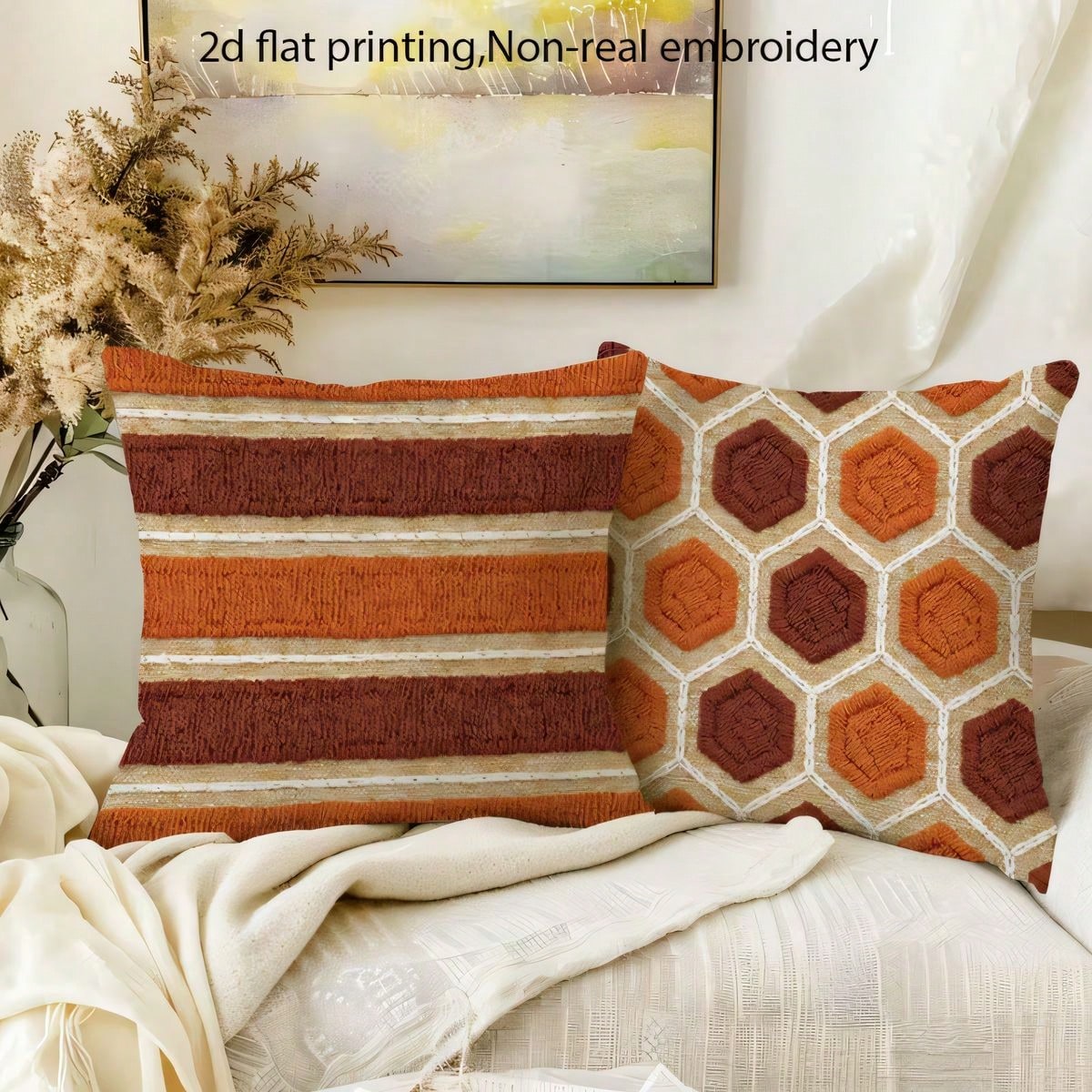4pcs Vintage Bohemian Geometric Throw Pillow Covers, American Country Brown Orange Rhombus Wave Hexagon Print Pattern, Single-Sided 2D Flat Printing, Non-3D Real Embroidery, 45x45cm (18x18in), Soft Co