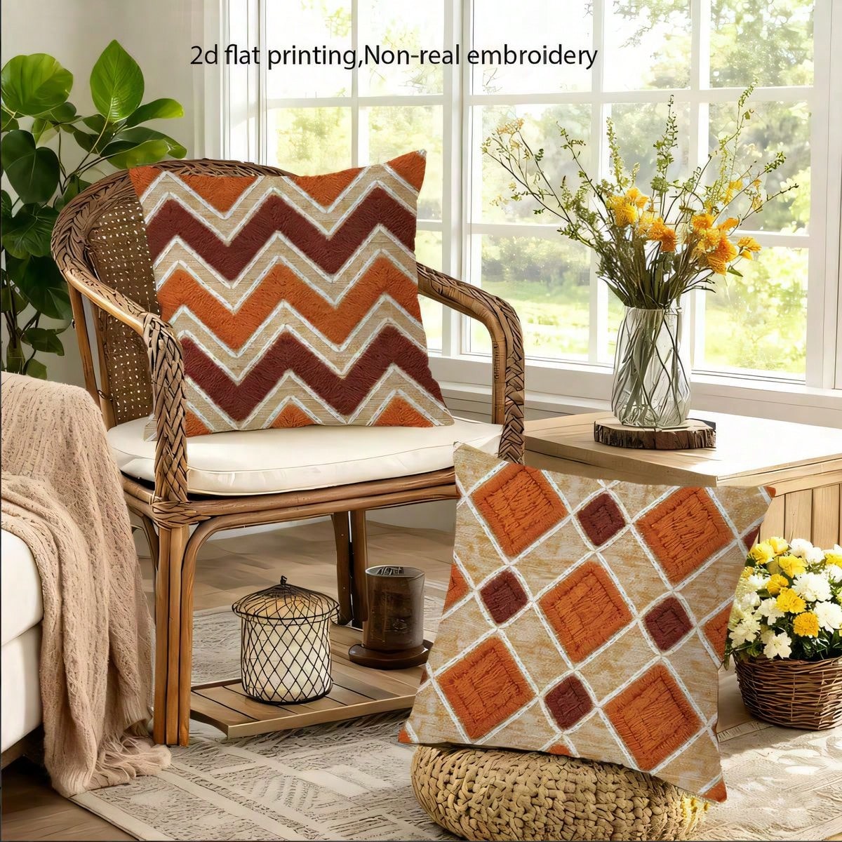 4pcs Vintage Bohemian Geometric Throw Pillow Covers, American Country Brown Orange Rhombus Wave Hexagon Print Pattern, Single-Sided 2D Flat Printing, Non-3D Real Embroidery, 45x45cm (18x18in), Soft Co