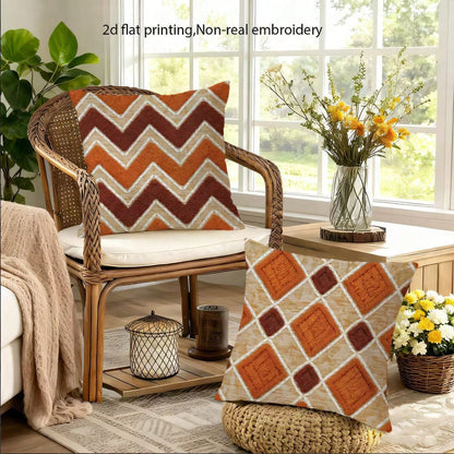 4pcs Vintage Bohemian Geometric Throw Pillow Covers, American Country Brown Orange Rhombus Wave Hexagon Print Pattern, Single-Sided 2D Flat Printing, Non-3D Real Embroidery, 45x45cm (18x18in), Soft Co