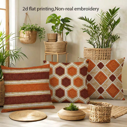 4pcs Vintage Bohemian Geometric Throw Pillow Covers, American Country Brown Orange Rhombus Wave Hexagon Print Pattern, Single-Sided 2D Flat Printing, Non-3D Real Embroidery, 45x45cm (18x18in), Soft Co