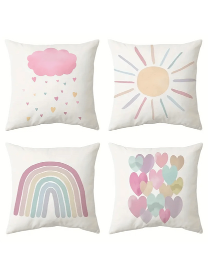 4pcs Vintage Rainbow Sun Heart Throw Pillow Covers, Colorful Weather Theme Pillow Shams, Suitable For Nursery, Girls Room Decor, 17.7*17.7 Inches, 4 Piece Set, Room Decor, Bedroom Decor, Living Room D