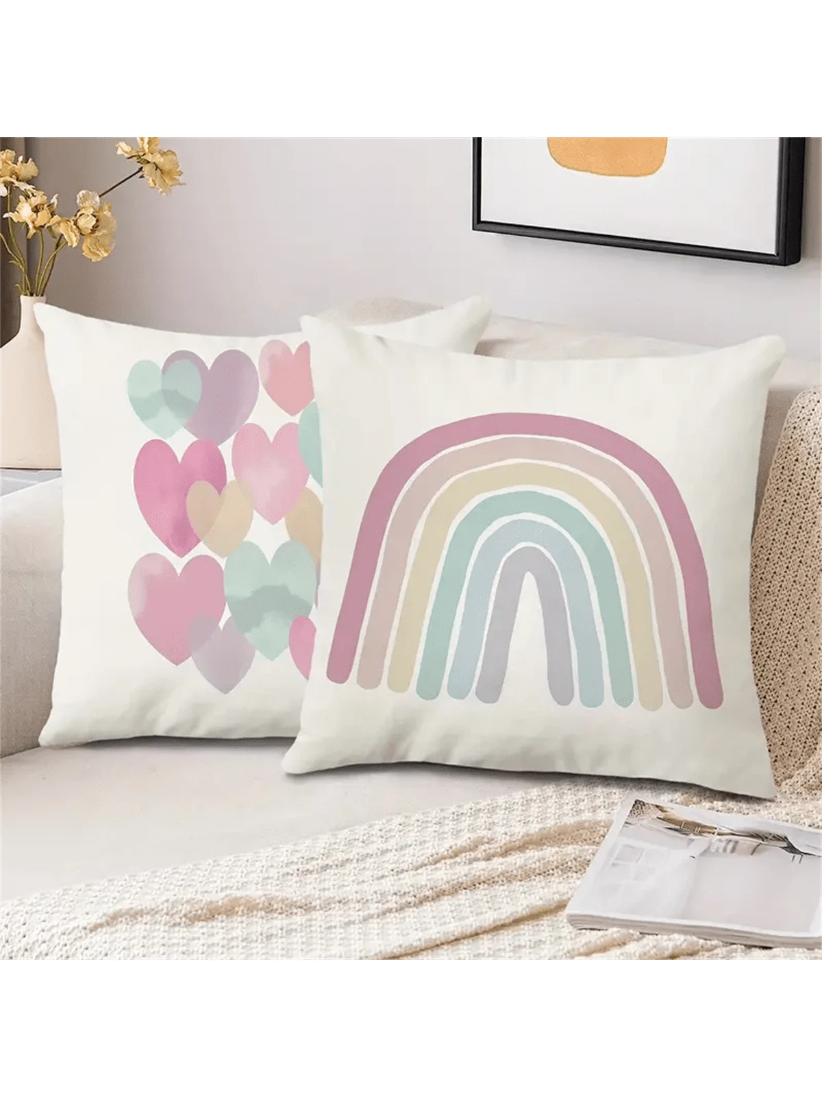 4pcs Vintage Rainbow Sun Heart Throw Pillow Covers, Colorful Weather Theme Pillow Shams, Suitable For Nursery, Girls Room Decor, 17.7*17.7 Inches, 4 Piece Set, Room Decor, Bedroom Decor, Living Room D