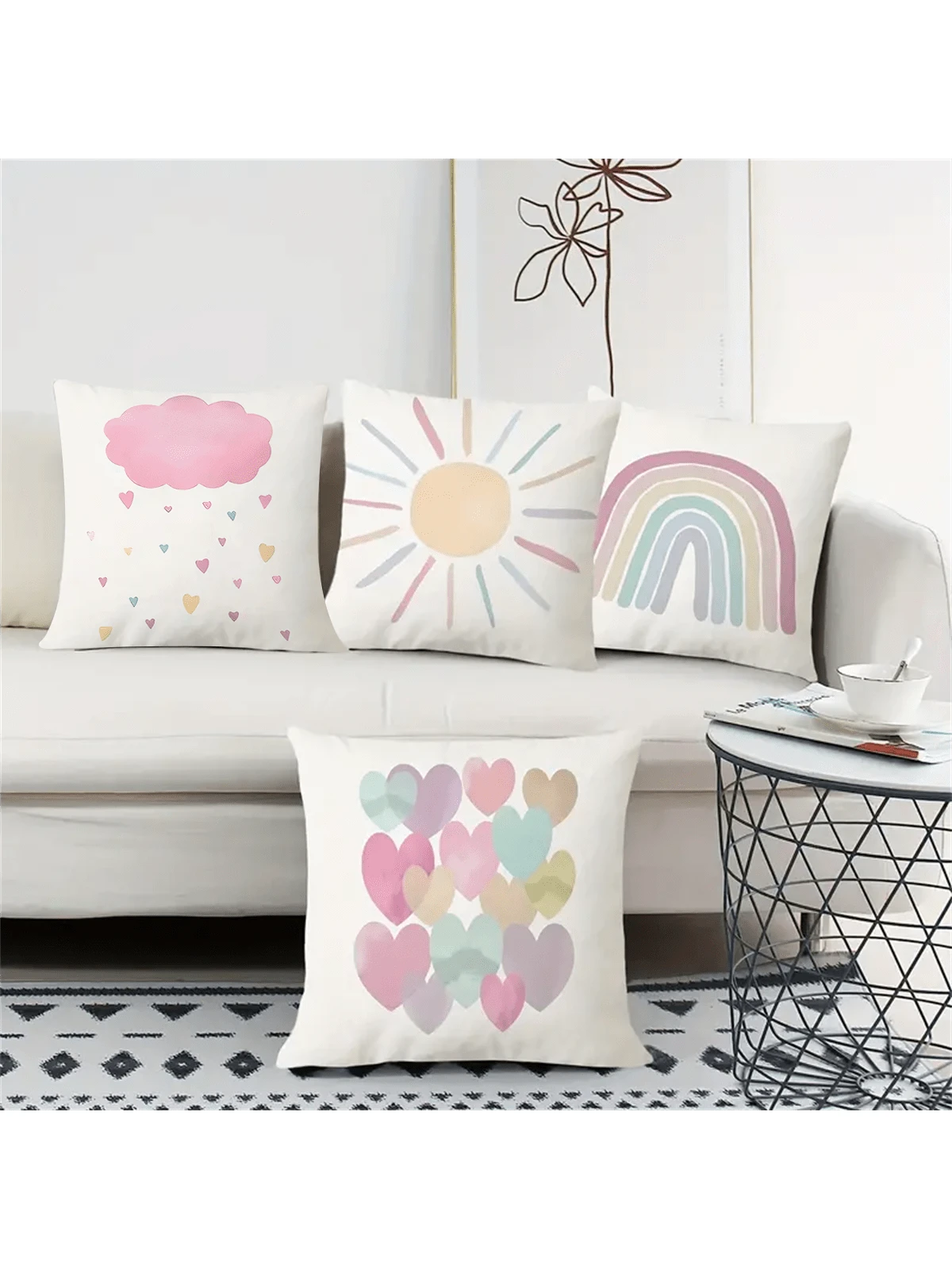 4pcs Vintage Rainbow Sun Heart Throw Pillow Covers, Colorful Weather Theme Pillow Shams, Suitable For Nursery, Girls Room Decor, 17.7*17.7 Inches, 4 Piece Set, Room Decor, Bedroom Decor, Living Room D