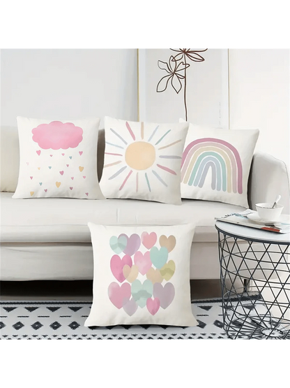 4pcs Vintage Rainbow Sun Heart Throw Pillow Covers, Colorful Weather Theme Pillow Shams, Suitable For Nursery, Girls Room Decor, 17.7*17.7 Inches, 4 Piece Set, Room Decor, Bedroom Decor, Living Room D