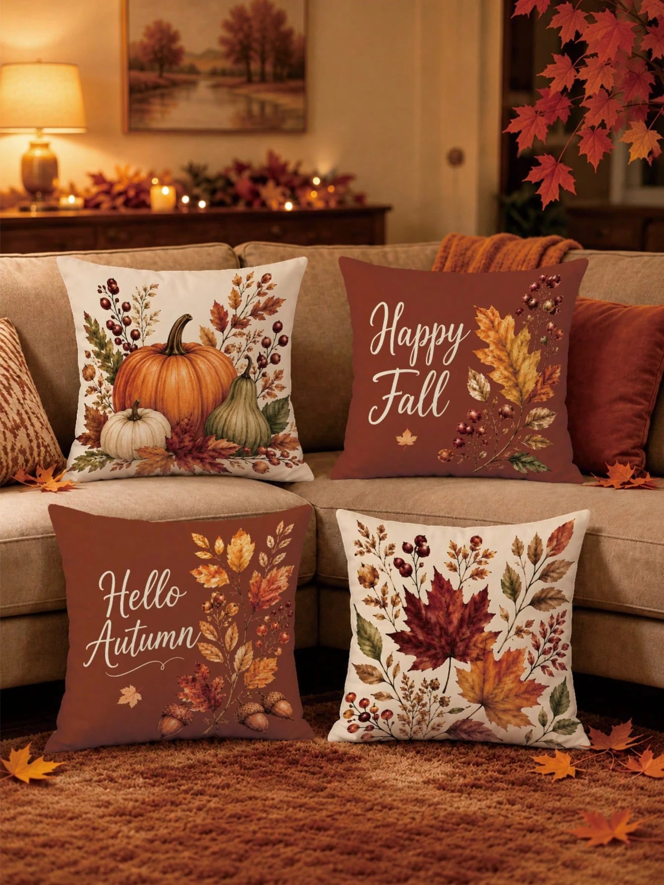 4pcs Vintage Red Brown Autumn Pumpkin Maple Leaf Print Pillow Covers [Without Pillow Insert], 40*40cm/45*45cm/50*50cm, [Single-Sided Printing] Made Of Polyester Material Hello Autumn English Berry Aco