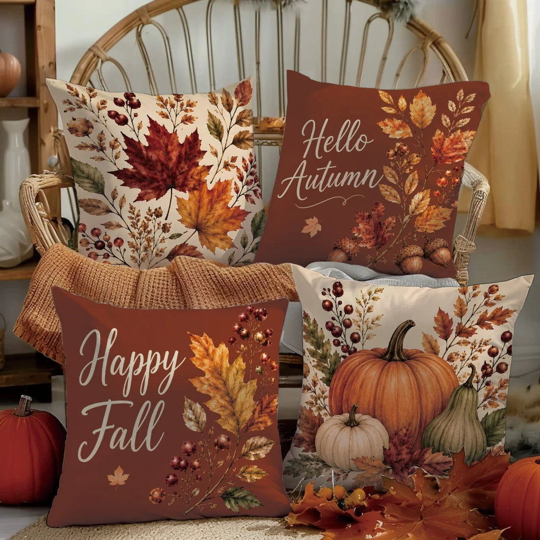 4pcs Vintage Red Brown Autumn Pumpkin Maple Leaf Print Pillow Covers [Without Pillow Insert], 40*40cm/45*45cm/50*50cm, [Single-Sided Printing] Made Of Polyester Material Hello Autumn English Berry Aco