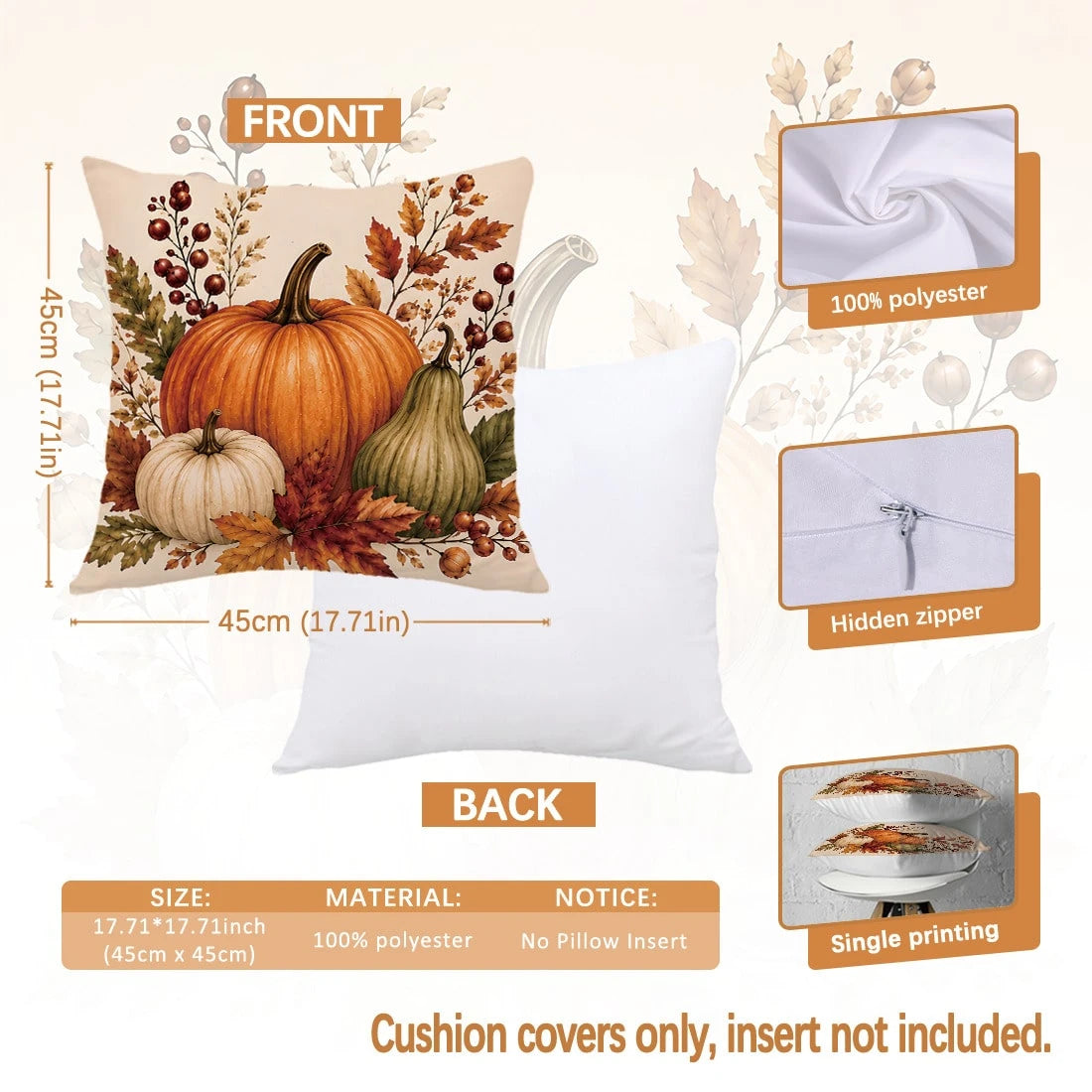 4pcs Vintage Red Brown Autumn Pumpkin Maple Leaf Print Pillow Covers [Without Pillow Insert], 40*40cm/45*45cm/50*50cm, [Single-Sided Printing] Made Of Polyester Material Hello Autumn English Berry Aco