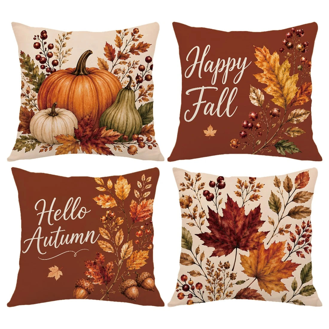 4pcs Vintage Red Brown Autumn Pumpkin Maple Leaf Print Pillow Covers [Without Pillow Insert], 40*40cm/45*45cm/50*50cm, [Single-Sided Printing] Made Of Polyester Material Hello Autumn English Berry Aco