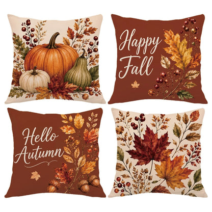 4pcs Vintage Red Brown Autumn Pumpkin Maple Leaf Print Pillow Covers [Without Pillow Insert], 40*40cm/45*45cm/50*50cm, [Single-Sided Printing] Made Of Polyester Material Hello Autumn English Berry Aco