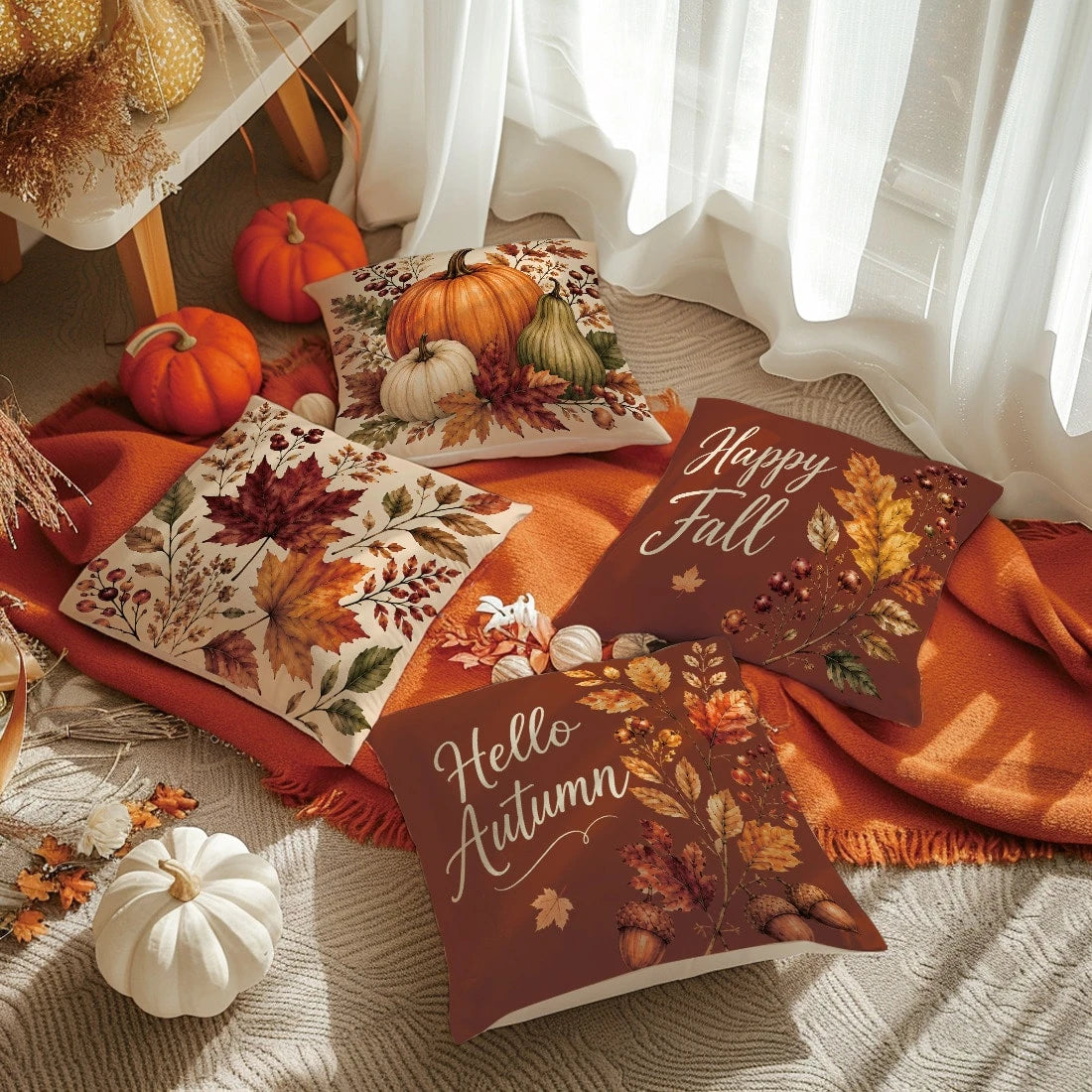 4pcs Vintage Red Brown Autumn Pumpkin Maple Leaf Print Pillow Covers [Without Pillow Insert], 40*40cm/45*45cm/50*50cm, [Single-Sided Printing] Made Of Polyester Material Hello Autumn English Berry Aco