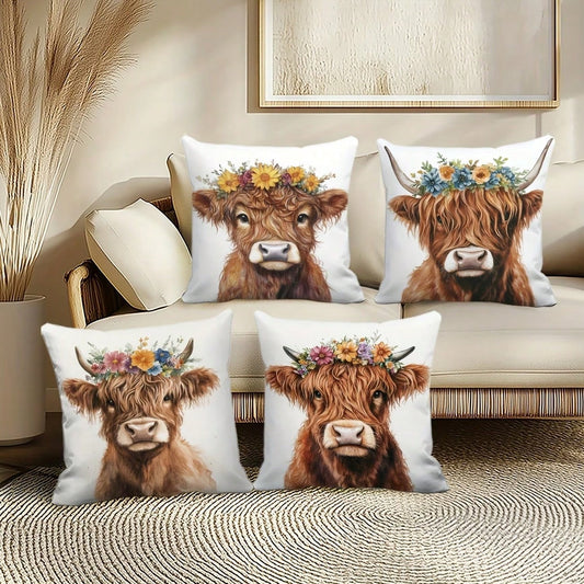 4PCS Watercolor Highland Cow Wreath Square Pillow Cover, Country Western Farm Home Decor Cushion Cover, Single-Sided, Pillow Insert Not Included