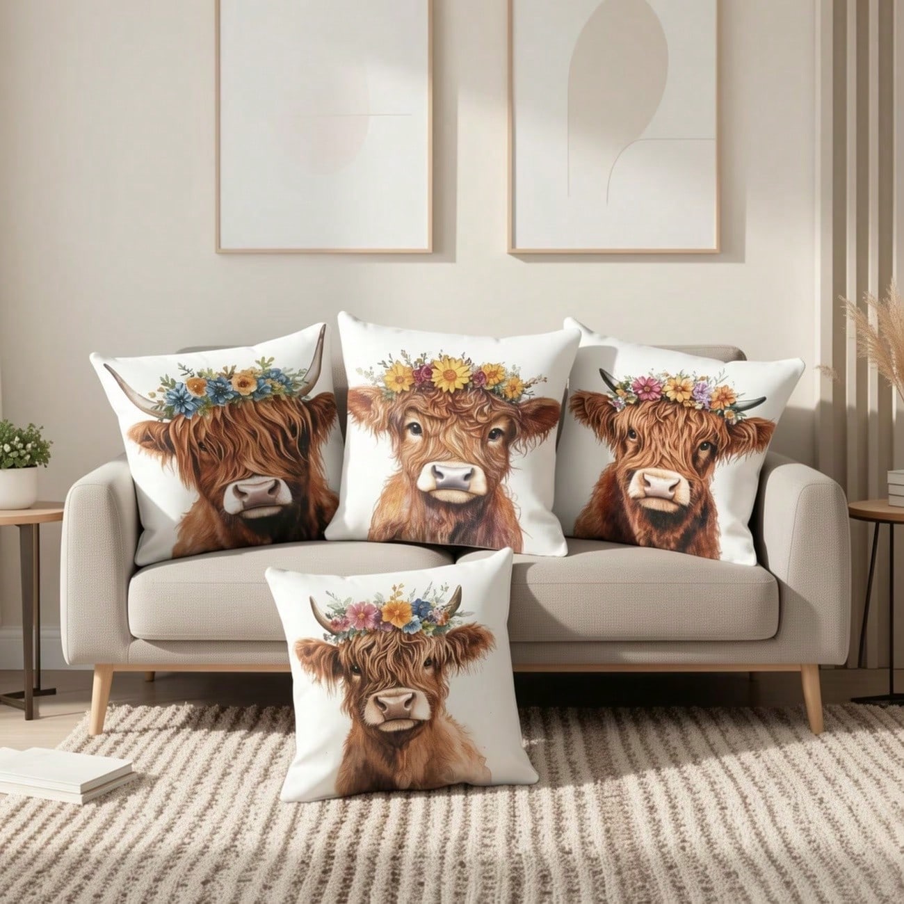 4PCS Watercolor Highland Cow Wreath Square Pillow Cover, Country Western Farm Home Decor Cushion Cover, Single-Sided, Pillow Insert Not Included