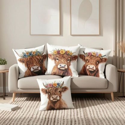 4PCS Watercolor Highland Cow Wreath Square Pillow Cover, Country Western Farm Home Decor Cushion Cover, Single-Sided, Pillow Insert Not Included