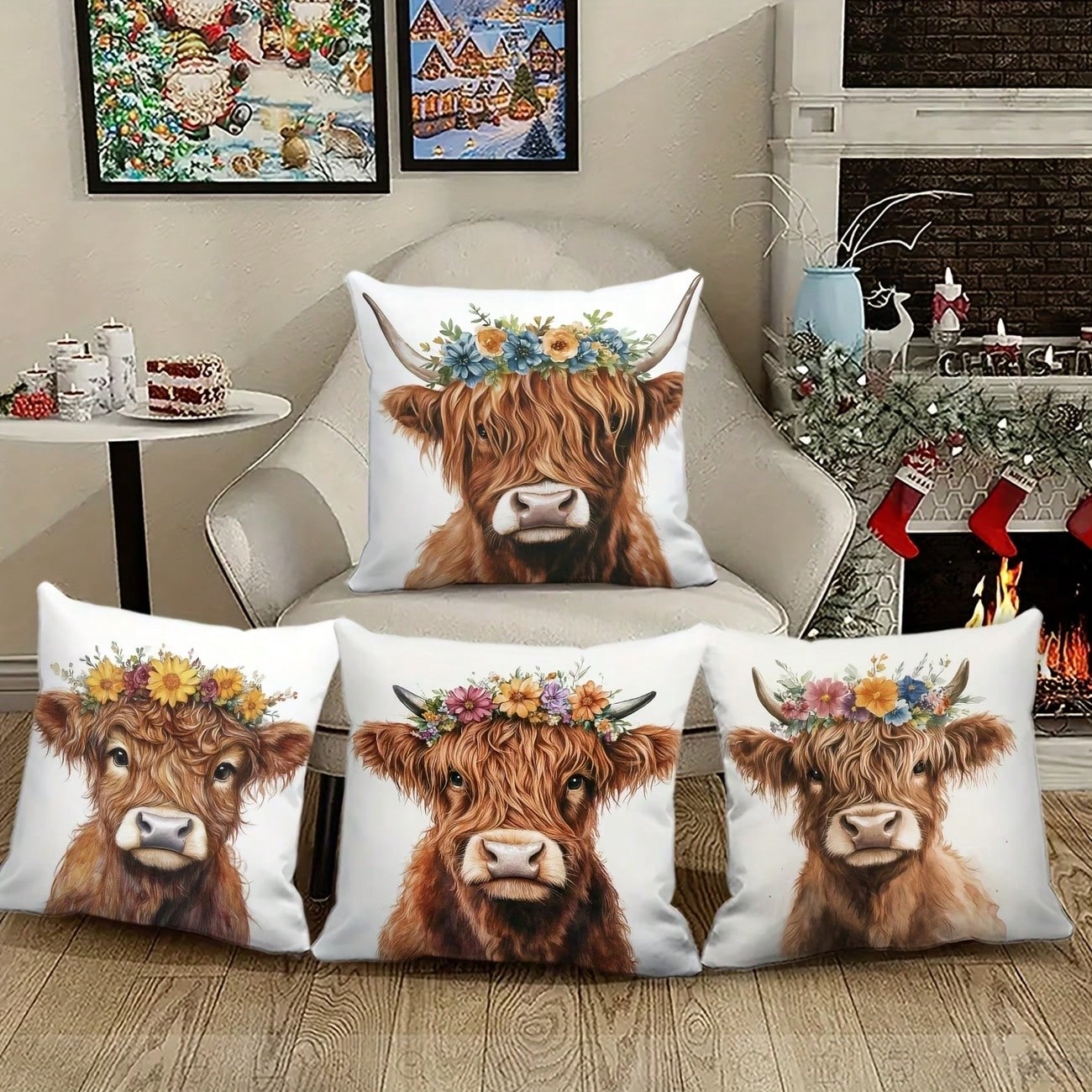 4PCS Watercolor Highland Cow Wreath Square Pillow Cover, Country Western Farm Home Decor Cushion Cover, Single-Sided, Pillow Insert Not Included
