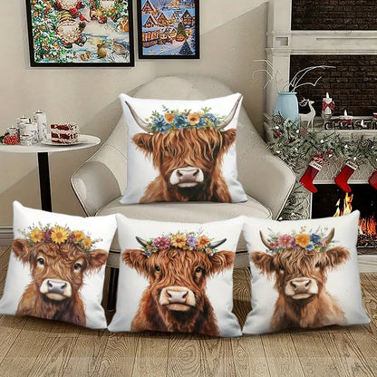 4PCS Watercolor Highland Cow Wreath Square Pillow Cover, Country Western Farm Home Decor Cushion Cover, Single-Sided, Pillow Insert Not Included
