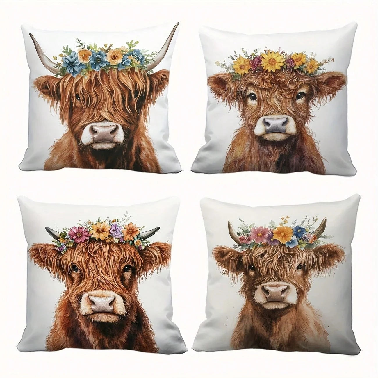 4PCS Watercolor Highland Cow Wreath Square Pillow Cover, Country Western Farm Home Decor Cushion Cover, Single-Sided, Pillow Insert Not Included