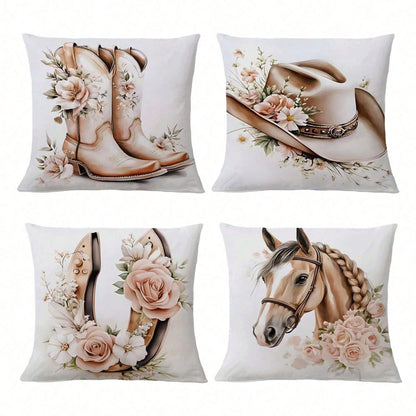 4PCS Western Cowboy And Horse, Spring Rose Floral Design Throw Pillow Covers- 17.7*17.7Inch 2D Flat Cushion Cover, Zipper Closure, Machine Washable, Suitable For Living Room, Bedroom, Sofa, Patio