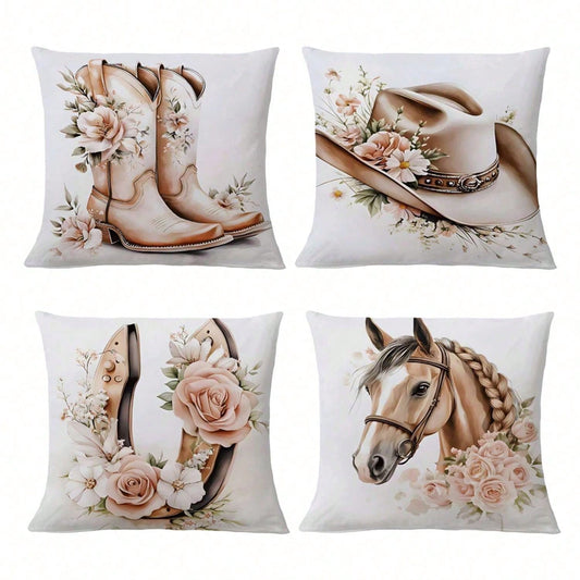 4PCS Western Cowboy And Horse, Spring Rose Floral Design Throw Pillow Covers- 17.7*17.7Inch 2D Flat Cushion Cover, Zipper Closure, Machine Washable, Suitable For Living Room, Bedroom, Sofa, Patio