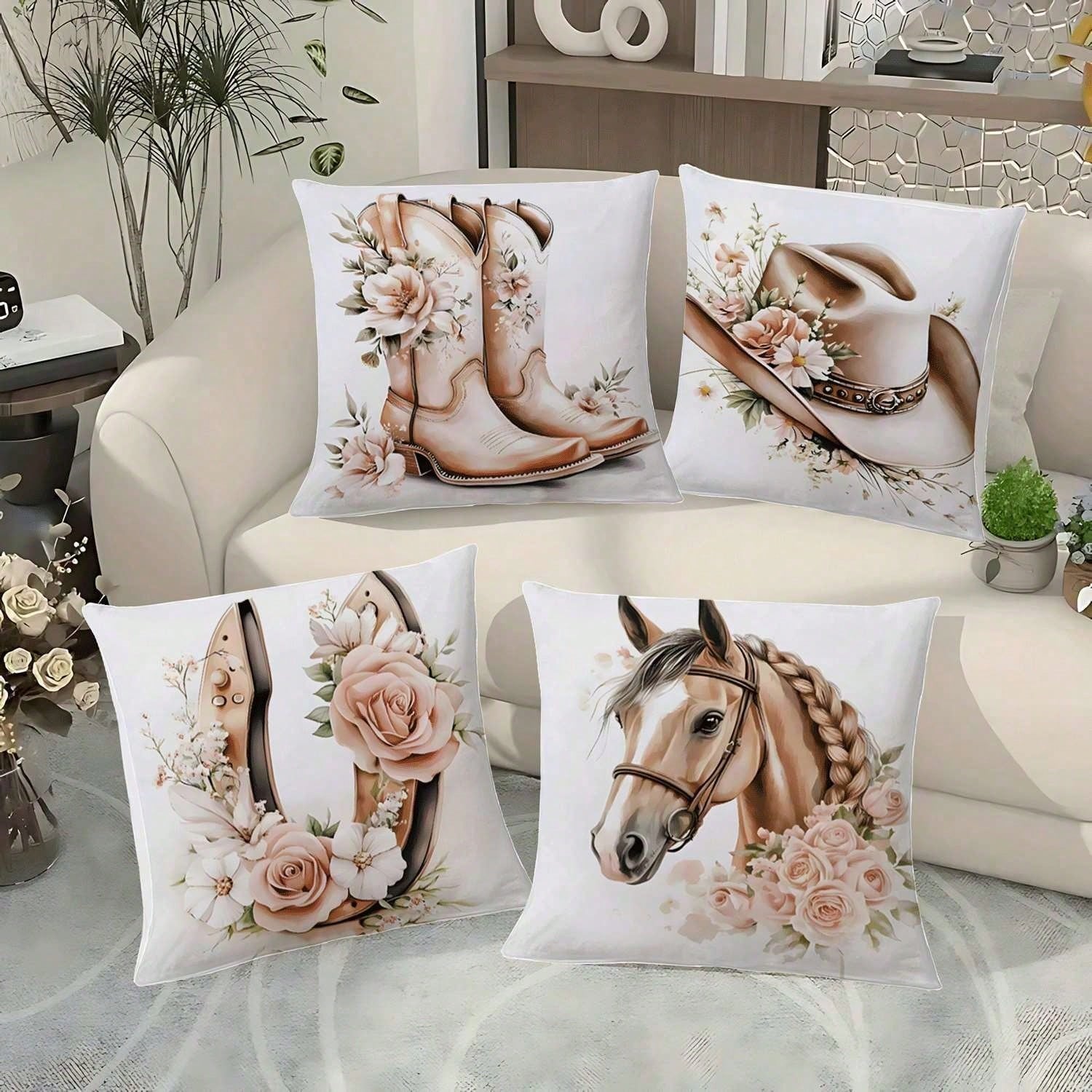 4PCS Western Cowboy And Horse, Spring Rose Floral Design Throw Pillow Covers- 17.7*17.7Inch 2D Flat Cushion Cover, Zipper Closure, Machine Washable, Suitable For Living Room, Bedroom, Sofa, Patio