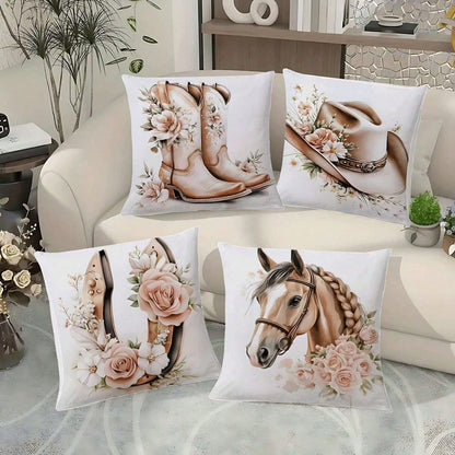 4PCS Western Cowboy And Horse, Spring Rose Floral Design Throw Pillow Covers- 17.7*17.7Inch 2D Flat Cushion Cover, Zipper Closure, Machine Washable, Suitable For Living Room, Bedroom, Sofa, Patio