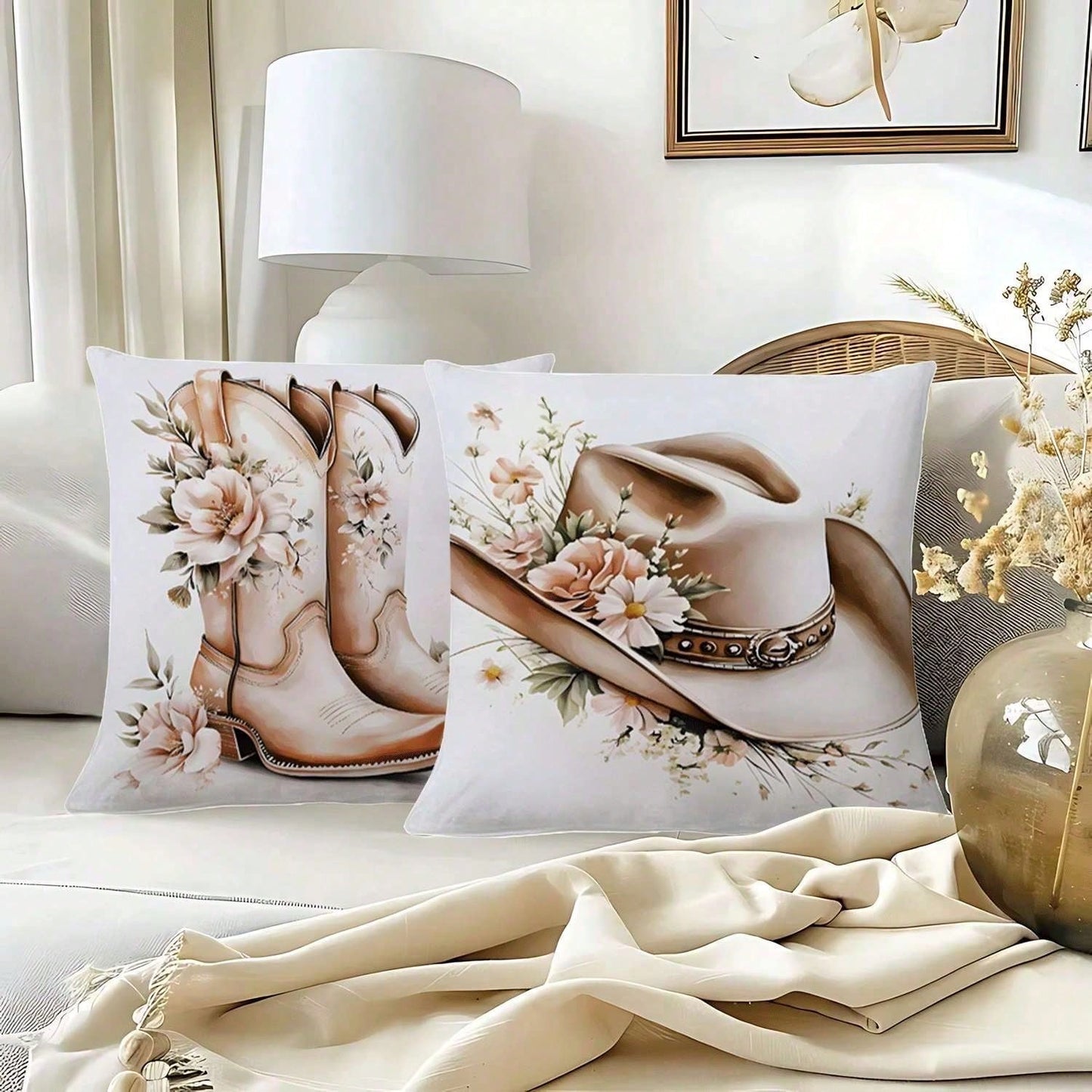 4PCS Western Cowboy And Horse, Spring Rose Floral Design Throw Pillow Covers- 17.7*17.7Inch 2D Flat Cushion Cover, Zipper Closure, Machine Washable, Suitable For Living Room, Bedroom, Sofa, Patio