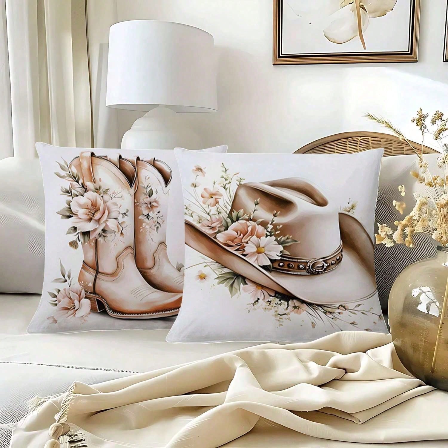 4PCS Western Cowboy And Horse, Spring Rose Floral Design Throw Pillow Covers- 17.7*17.7Inch 2D Flat Cushion Cover, Zipper Closure, Machine Washable, Suitable For Living Room, Bedroom, Sofa, Patio