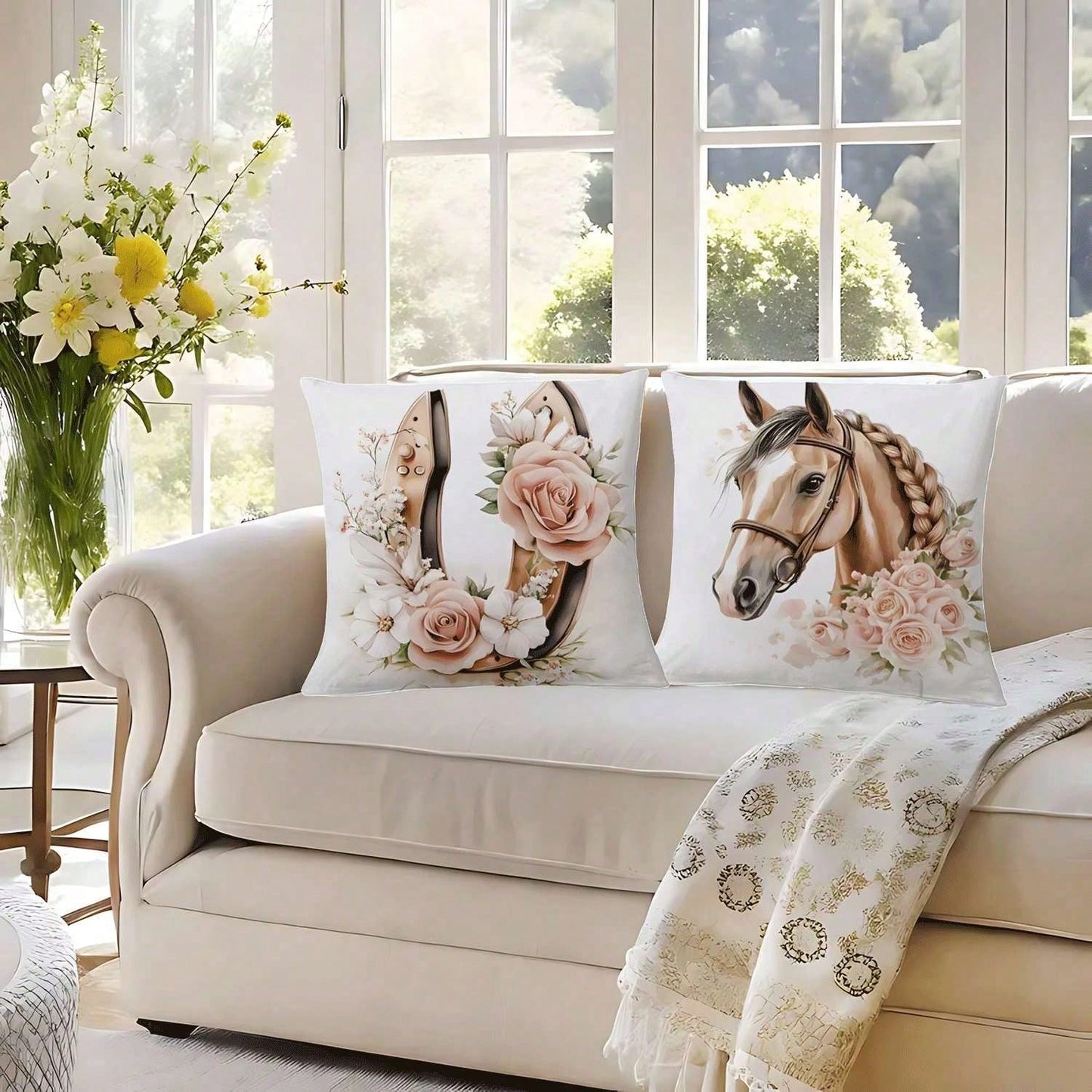 4PCS Western Cowboy And Horse, Spring Rose Floral Design Throw Pillow Covers- 17.7*17.7Inch 2D Flat Cushion Cover, Zipper Closure, Machine Washable, Suitable For Living Room, Bedroom, Sofa, Patio