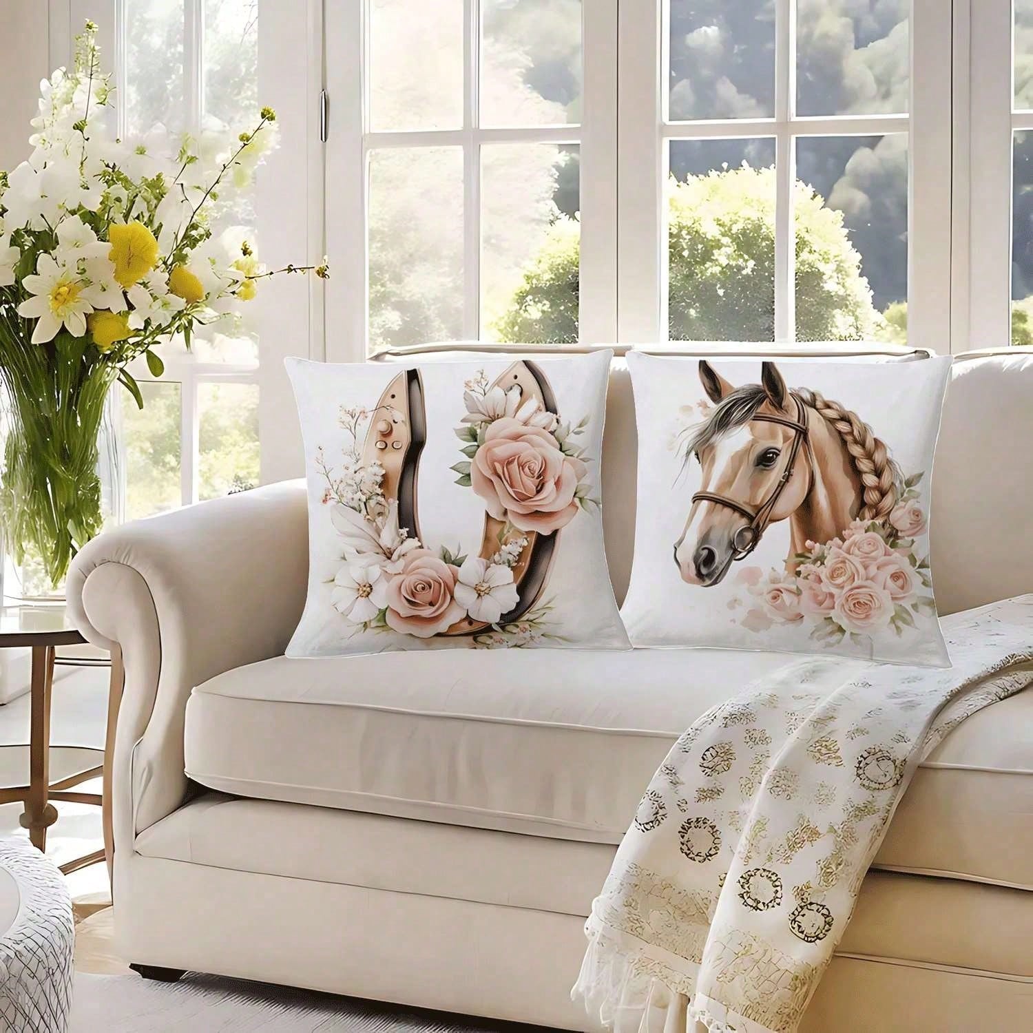 4PCS Western Cowboy And Horse, Spring Rose Floral Design Throw Pillow Covers- 17.7*17.7Inch 2D Flat Cushion Cover, Zipper Closure, Machine Washable, Suitable For Living Room, Bedroom, Sofa, Patio