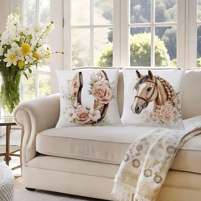 4PCS Western Cowboy And Horse, Spring Rose Floral Design Throw Pillow Covers- 17.7*17.7Inch 2D Flat Cushion Cover, Zipper Closure, Machine Washable, Suitable For Living Room, Bedroom, Sofa, Patio