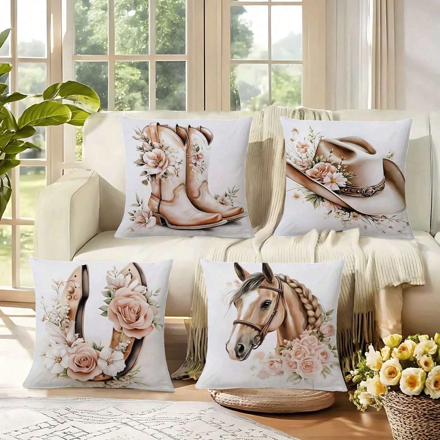 4PCS Western Cowboy And Horse, Spring Rose Floral Design Throw Pillow Covers- 17.7*17.7Inch 2D Flat Cushion Cover, Zipper Closure, Machine Washable, Suitable For Living Room, Bedroom, Sofa, Patio