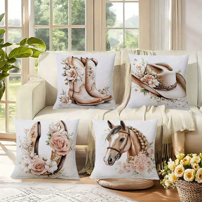 4PCS Western Cowboy And Horse, Spring Rose Floral Design Throw Pillow Covers- 17.7*17.7Inch 2D Flat Cushion Cover, Zipper Closure, Machine Washable, Suitable For Living Room, Bedroom, Sofa, Patio