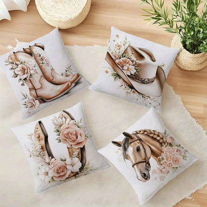 4PCS Western Cowboy And Horse, Spring Rose Floral Design Throw Pillow Covers- 17.7*17.7Inch 2D Flat Cushion Cover, Zipper Closure, Machine Washable, Suitable For Living Room, Bedroom, Sofa, Patio