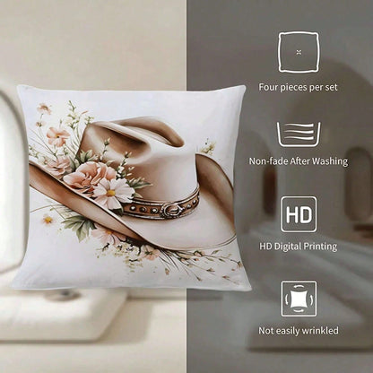 4PCS Western Cowboy And Horse, Spring Rose Floral Design Throw Pillow Covers- 17.7*17.7Inch 2D Flat Cushion Cover, Zipper Closure, Machine Washable, Suitable For Living Room, Bedroom, Sofa, Patio