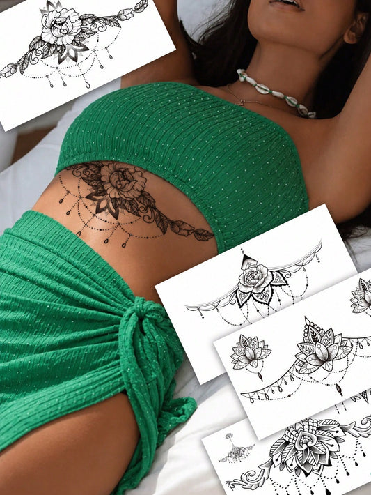 4pcs Women's Underbust & Thigh Temporary Tattoo Stickers, Black Floral Jewelry Lace Totem Pattern, Waterproof Fake Tattoos, Lasts 2-5 Days, Covers Scars, Suitable For Arms, Wrists, Shoulders, Legs, Ch
