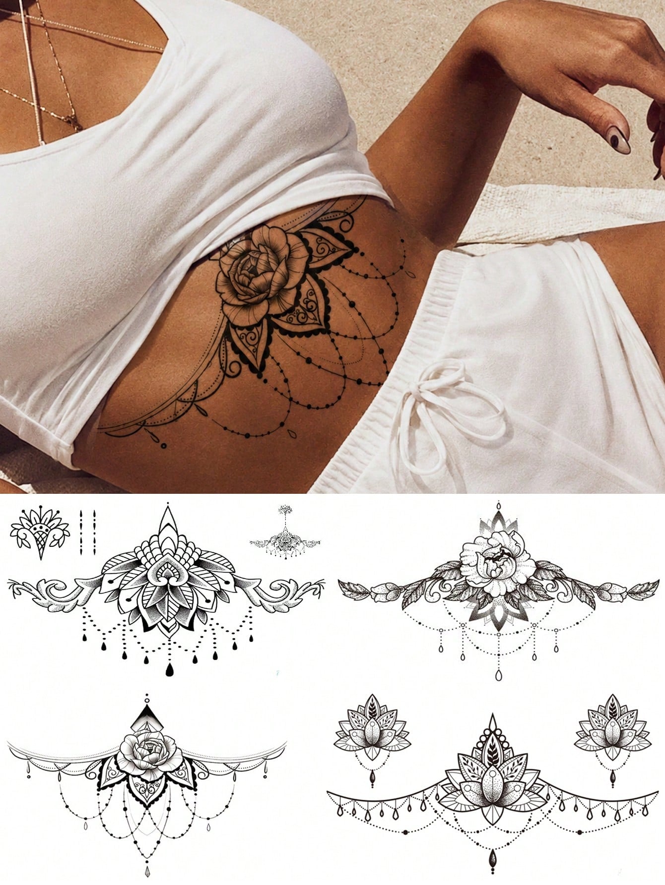 4pcs Women's Underbust & Thigh Temporary Tattoo Stickers, Black Floral Jewelry Lace Totem Pattern, Waterproof Fake Tattoos, Lasts 2-5 Days, Covers Scars, Suitable For Arms, Wrists, Shoulders, Legs, Ch