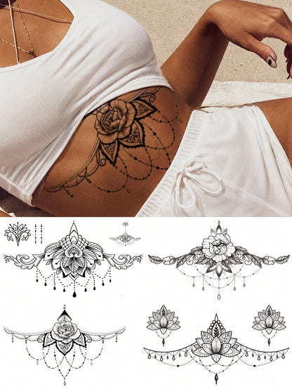 4pcs Women's Underbust & Thigh Temporary Tattoo Stickers, Black Floral Jewelry Lace Totem Pattern, Waterproof Fake Tattoos, Lasts 2-5 Days, Covers Scars, Suitable For Arms, Wrists, Shoulders, Legs, Ch