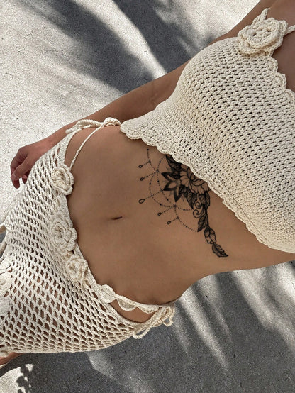 4pcs Women's Underbust & Thigh Temporary Tattoo Stickers, Black Floral Jewelry Lace Totem Pattern, Waterproof Fake Tattoos, Lasts 2-5 Days, Covers Scars, Suitable For Arms, Wrists, Shoulders, Legs, Ch