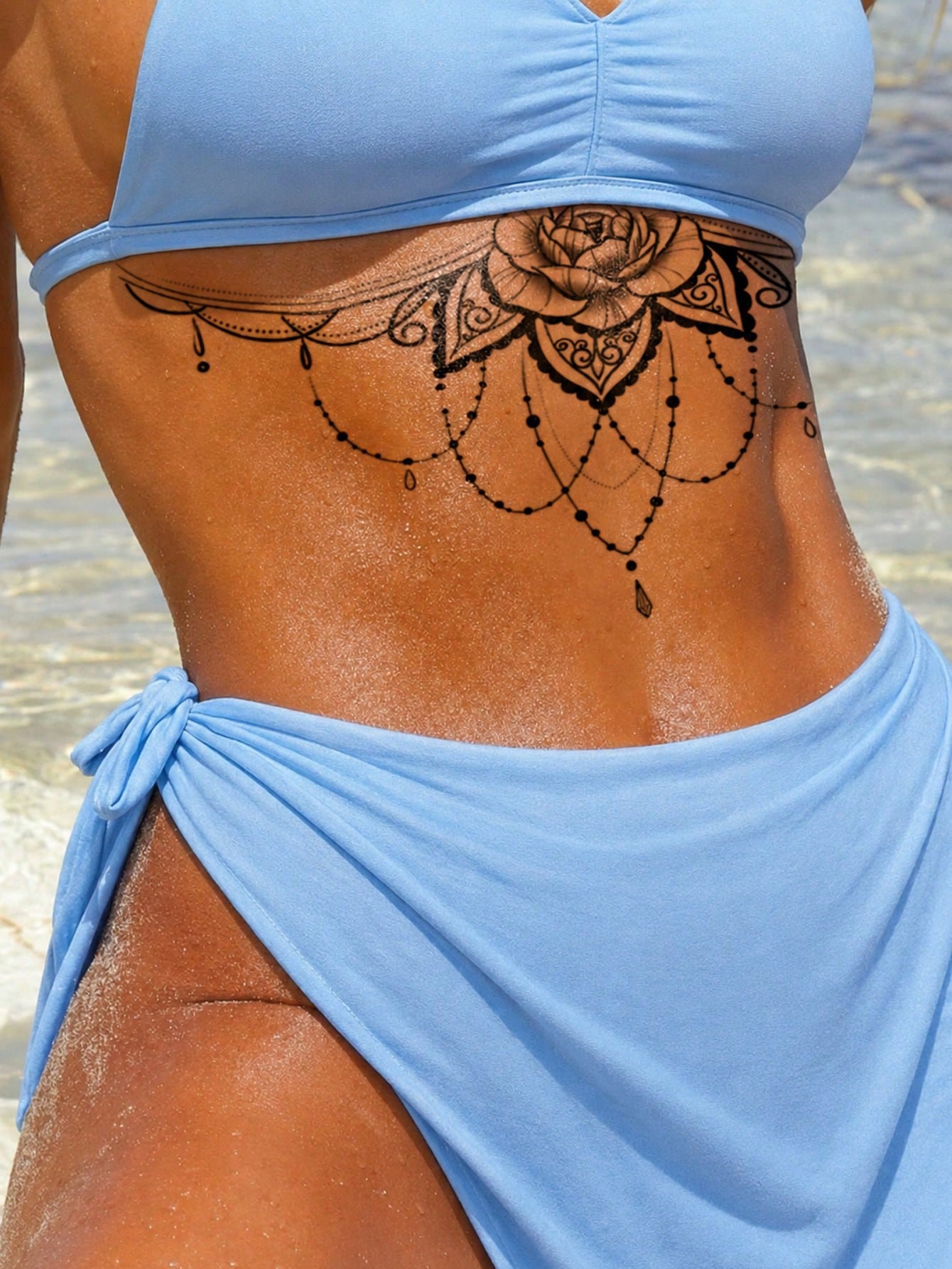 4pcs Women's Underbust & Thigh Temporary Tattoo Stickers, Black Floral Jewelry Lace Totem Pattern, Waterproof Fake Tattoos, Lasts 2-5 Days, Covers Scars, Suitable For Arms, Wrists, Shoulders, Legs, Ch