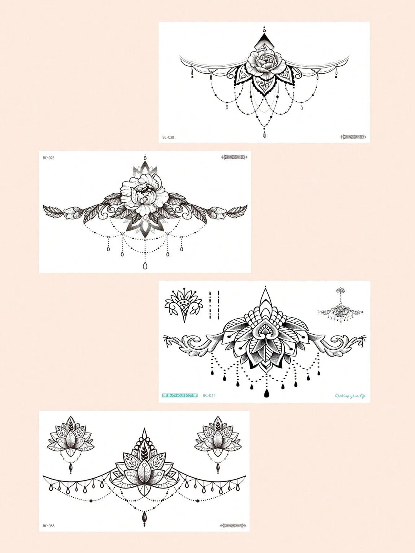 4pcs Women's Underbust & Thigh Temporary Tattoo Stickers, Black Floral Jewelry Lace Totem Pattern, Waterproof Fake Tattoos, Lasts 2-5 Days, Covers Scars, Suitable For Arms, Wrists, Shoulders, Legs, Ch