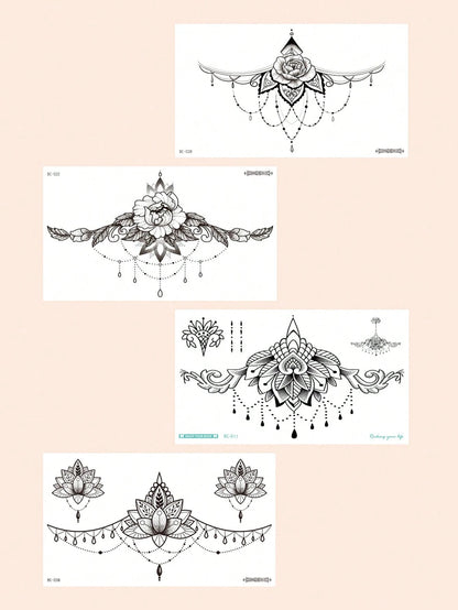 4pcs Women's Underbust & Thigh Temporary Tattoo Stickers, Black Floral Jewelry Lace Totem Pattern, Waterproof Fake Tattoos, Lasts 2-5 Days, Covers Scars, Suitable For Arms, Wrists, Shoulders, Legs, Ch