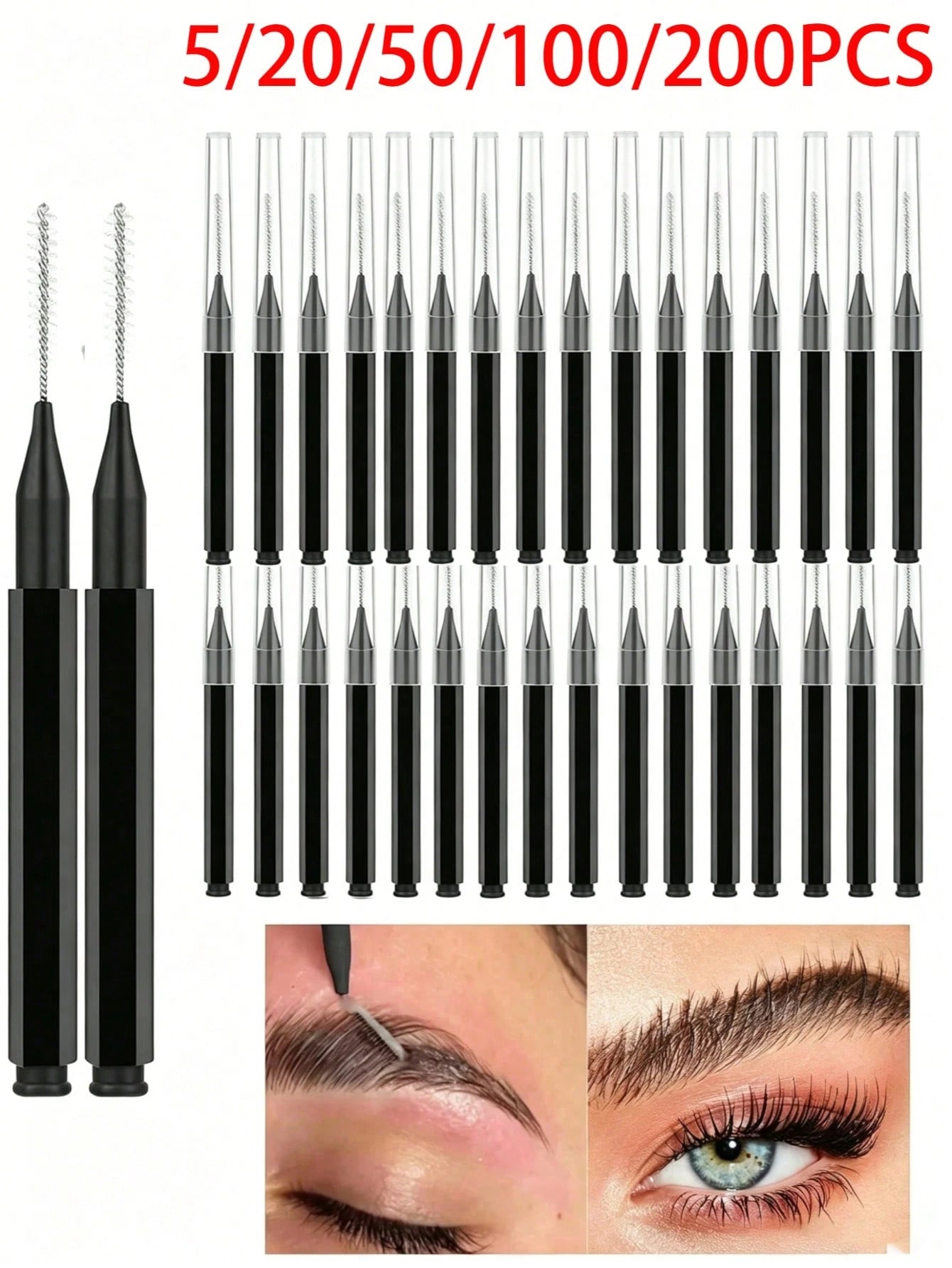 5/20/50/100/200pcs Mini Eyebrow Brushes With Caps, Eyebrow Shaping Brush, Eyelash Brush, Eyebrow & Eyelash Filling, Brow & Lash Lift Dyeing Tool, Brow & Lash Comb, Eyelash Extension Brush