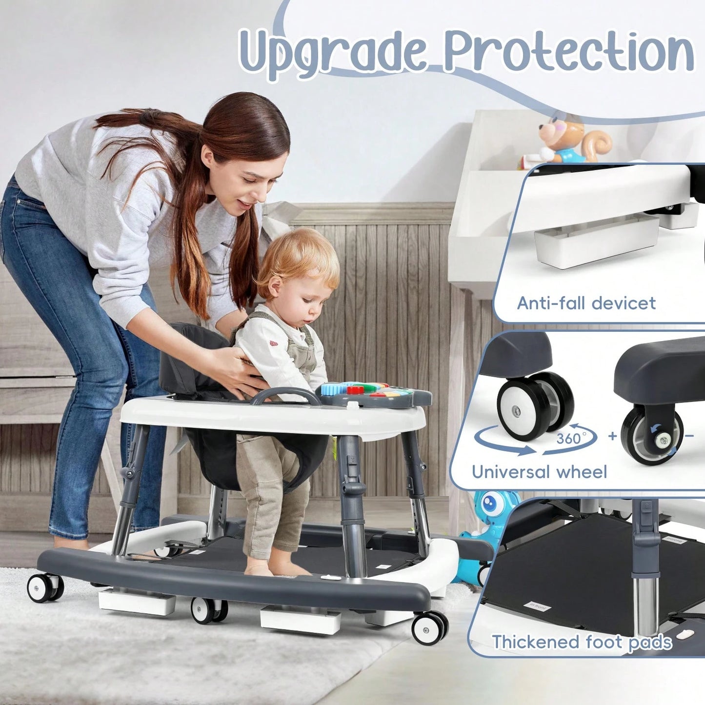 5-In-1 Foldable Baby Walker,5 Height Adjustable,Anti-Rollover Anti-Slip Base,Multi Modes Rocker,Infant Walker For Boys Girls,Baby Birthday Gift