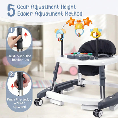 5-In-1 Foldable Baby Walker,5 Height Adjustable,Anti-Rollover Anti-Slip Base,Multi Modes Rocker,Infant Walker For Boys Girls,Baby Birthday Gift